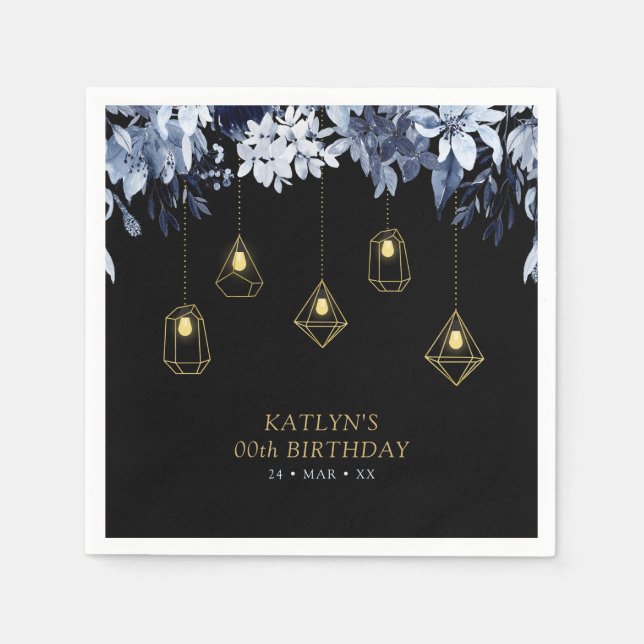 Gold & Black | String Lights Floral Birthday Party Napkins (Front)