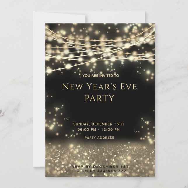 Gold black string lights New Year's Eve Invitation (Front)