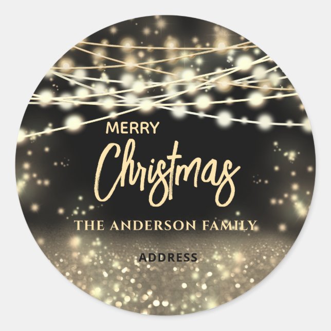 Gold black string lights sparkle Merry Christmas Classic Round Sticker (Front)