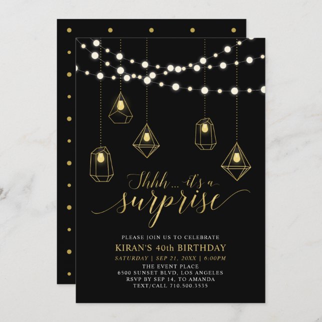 Gold & Black String Lights Surprise Birthday Party Invitation (Front/Back)