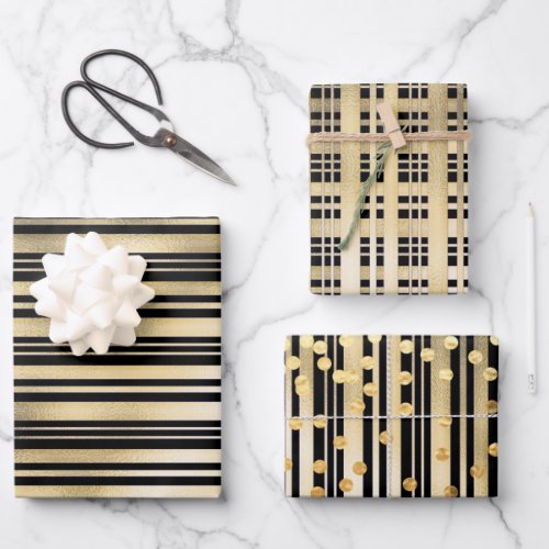 Gold black stripe polka dot confetti pattern chic wrapping paper sheets