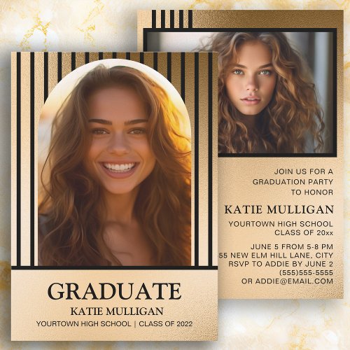 Gold Black Striped Photo Arch Graduation Invitation