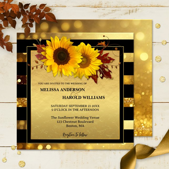 Gold Black Striped Sunflower Fall Wedding Invitation (Wedding invitation featuring two sunflowers on a black and gold glitter sparkling design)