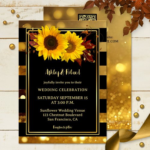 Gold Black Striped Sunflower Wedding Invitation