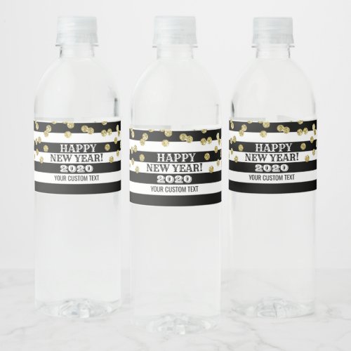 Gold Black Stripes Custom Happy New Year Water Bottle Label