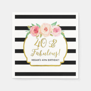 Gold Black Stripes Flowers 40 & Fabulous Birthday Napkins