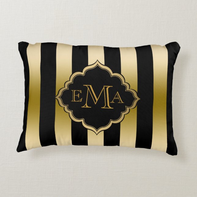 Gold & Black Stripes Geometric Pattern Accent Pillow (Back)