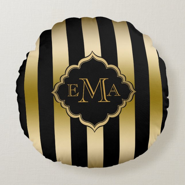 Gold & Black Stripes Geometric Pattern Round Pillow (Front)