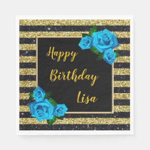 Gold Black Stripes Glitter Blue Roses Birthday Napkins
