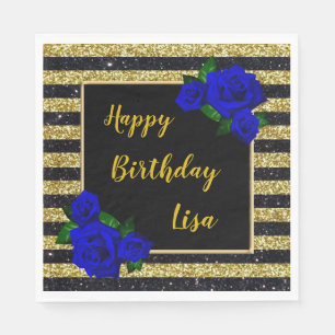 Gold Black Stripes Glitter Deep Blue Rose Birthday Napkins