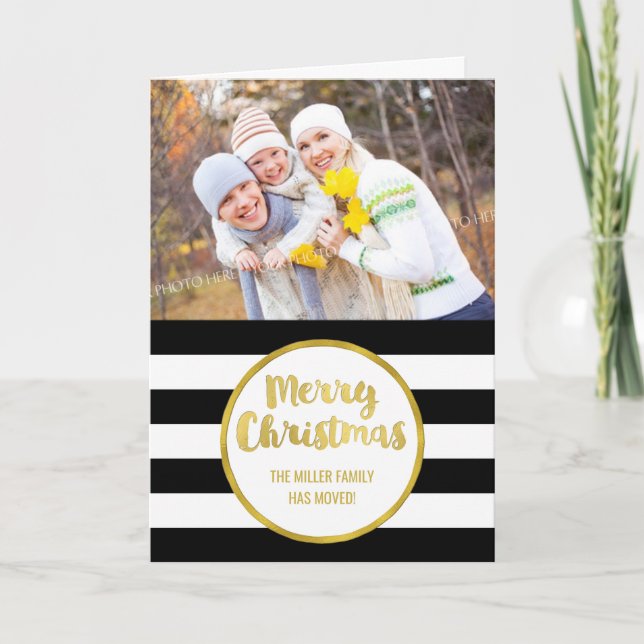 Gold Black Stripes Merry Christmas New Address Holiday Card (Front)