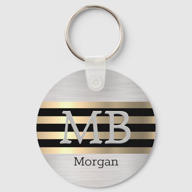 Gold & Black Stripes, Monogram/Name Brushed Silver Keychain (Front)