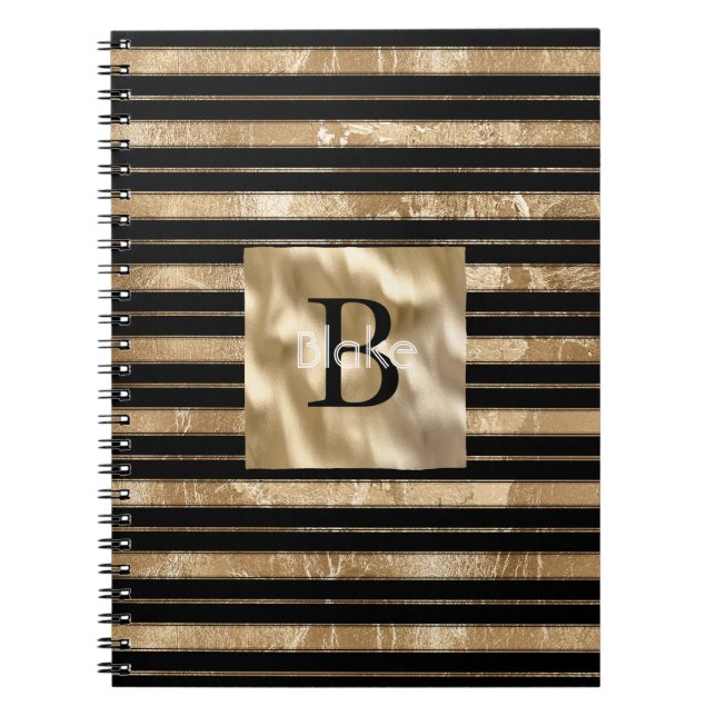 Gold Black Stripes Monogram Name Notebook (Front)