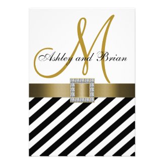 Gold, Black Stripes Ribbon, Monogram Wedding Invitations