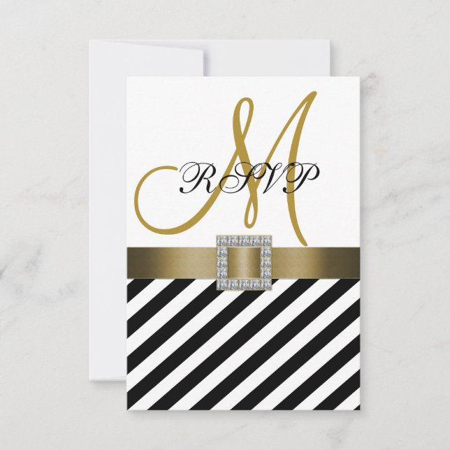 Gold Black Stripes Ribbon Wedding RSVP Card (Front)