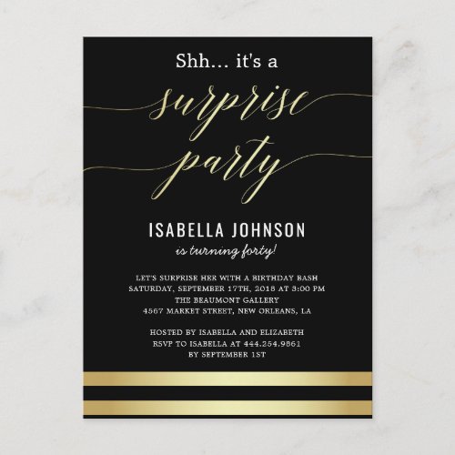 Gold  Black Stripes Shh Its A Surprise Party Invitation Postcard