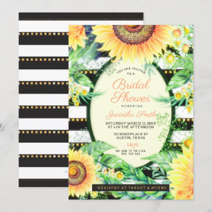 Gold Black Stripes Yellow Sunflowers Bridal Shower Invitation