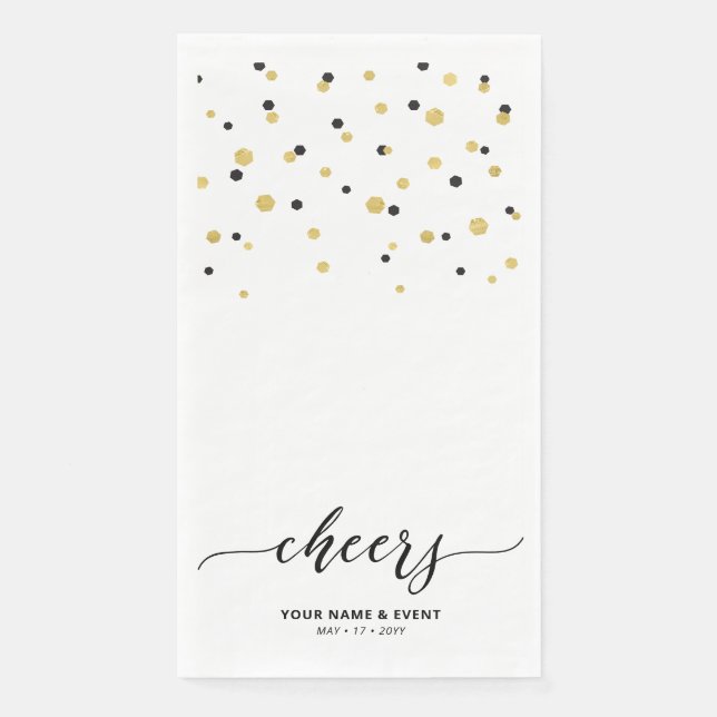 Gold & Black Stylish Script Confetti Cheers Party Paper Guest Towels (Front)