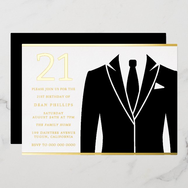 Gold & Black Suit & Tie 21st Birthday Party Golden Foil Invitation (Front/Back)