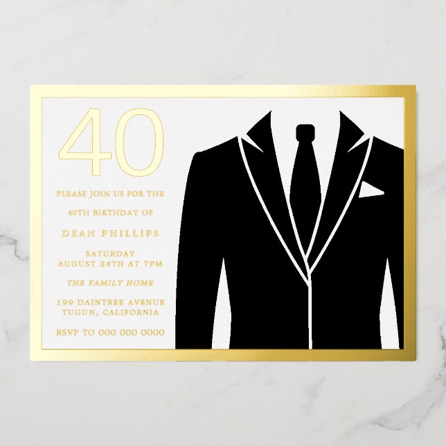 Gold & Black Suit & Tie 40th Birthday Party Golden Foil Invitation (Front)