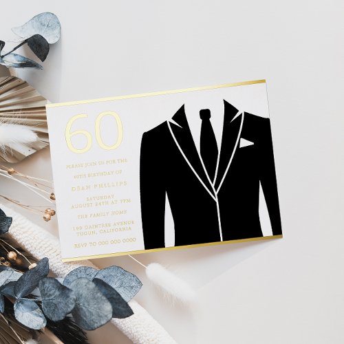 Gold  Black Suit  Tie 60th Birthday Party Golden Foil Invitation