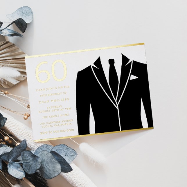 Gold & Black Suit & Tie 60th Birthday Party Golden Foil Invitation (Creator Uploaded)