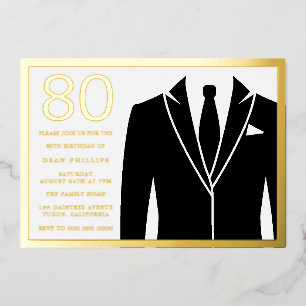 Gold & Black Suit & Tie 80th Birthday Party Golden Foil Invitation