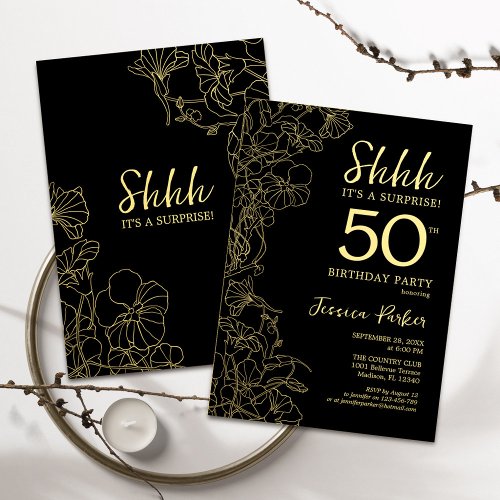 Gold Black Surprise 50th Birthday Invitation