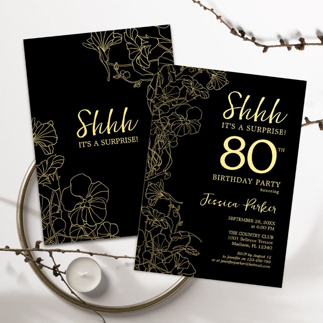 Gold Black Surprise 80th Birthday Invitation (Creator Uploaded)