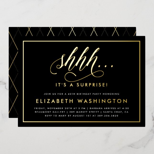 Gold & Black Surprise Birthday Party Foil Invitation (Front/Back)