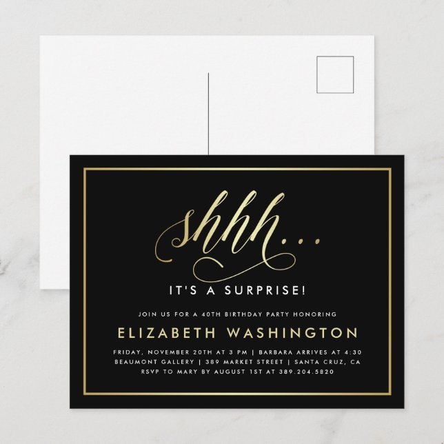 Gold & Black Surprise Birthday Party Invitation Postcard (Front/Back)