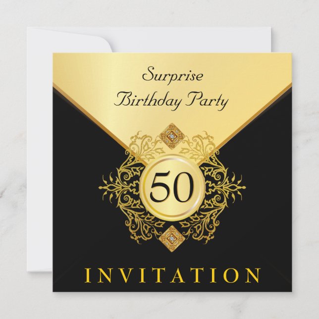 Gold Black Surprise Birthday Party Invitations (Front)
