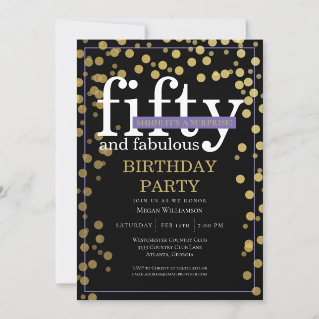 Gold Black Surprise Fifty and Fabulous Birthday Invitation (Front)
