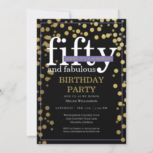 Gold Black Surprise Fifty and Fabulous Birthday Invitation