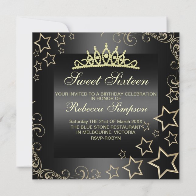 Gold/Black Sweet16 Star & Tiara Birthday Invite (Front)
