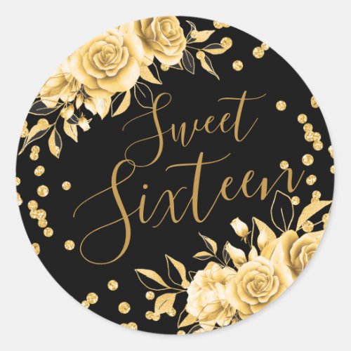Gold Black Sweet 16 Birthday Floral Glitter Classic Round Sticker