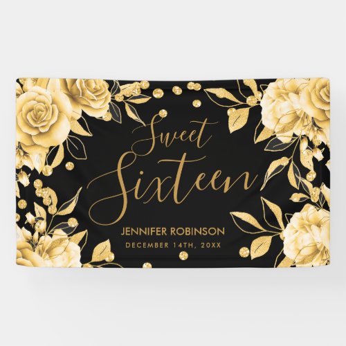 Gold Black Sweet 16 Glitter Confetti Floral Banner