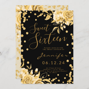 Gold Black Sweet 16 Glitter Confetti Floral Invitation