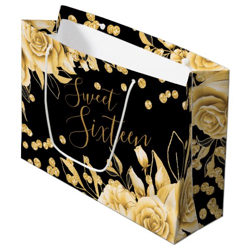 Gold Black Sweet 16 Glitter Confetti Floral Large Gift Bag