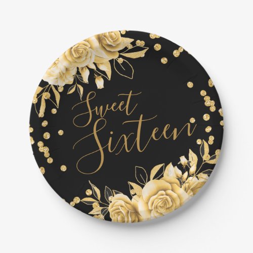 Gold Black Sweet 16 Glitter Confetti Floral Paper Plates