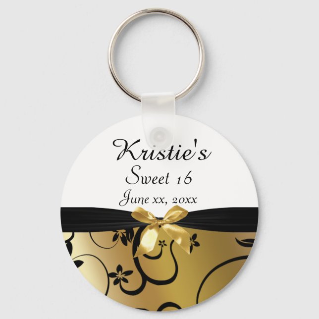 Gold & Black, Sweet Sixteen, Custom, Party Favor Keychain (Front)