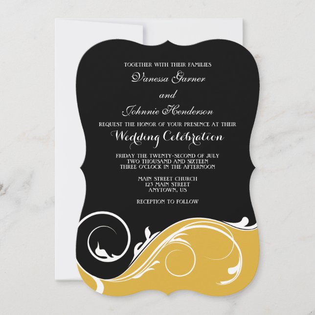 Gold Black Swirl Bracket Wedding Invites (Front)