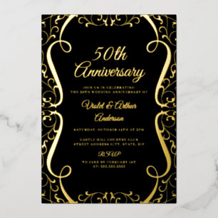 Gold Black Swirl Elegant 50th Wedding Anniversary Foil Invitation