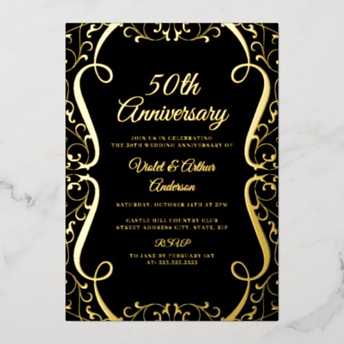 Gold Black Swirl Elegant 50th Wedding Anniversary Foil Invitation