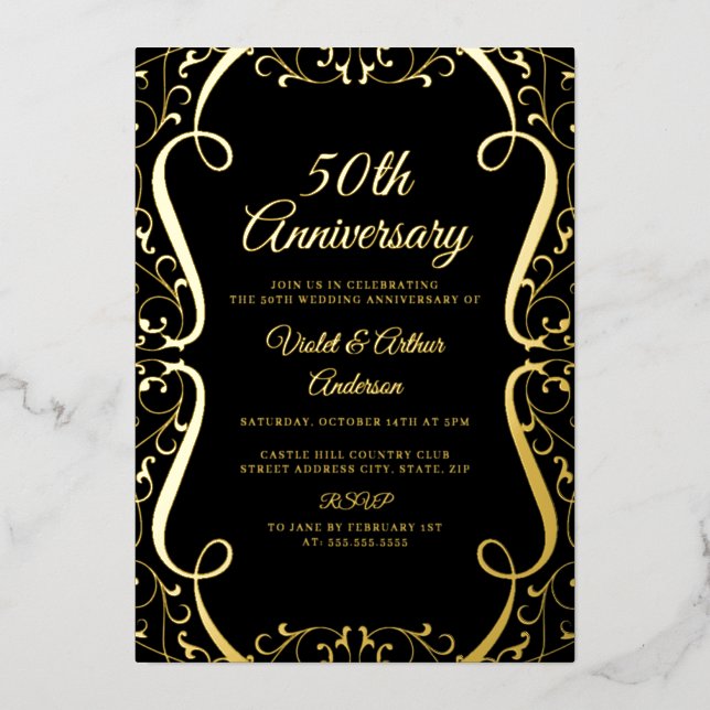 Gold Black Swirl Elegant 50th Wedding Anniversary Foil Invitation (Front)