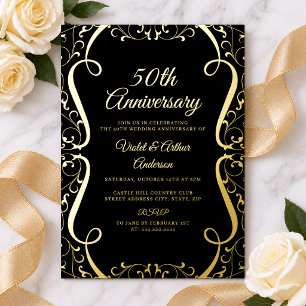 Gold Black Swirl Elegant 50th Wedding Anniversary Foil Invitation