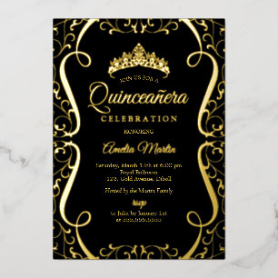 Gold Black Swirl Elegant Quinceanera  Foil Invitation