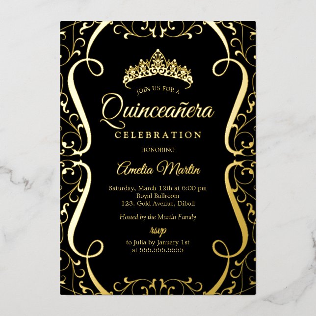 Gold Black Swirl Elegant Quinceanera  Foil Invitation (Front)