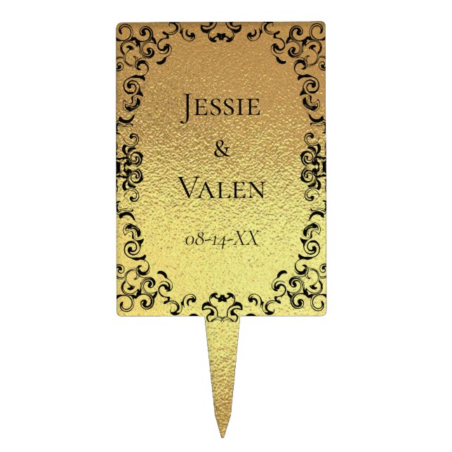 Gold & Black Swirl Gothic Wedding Cake Topper (Front)