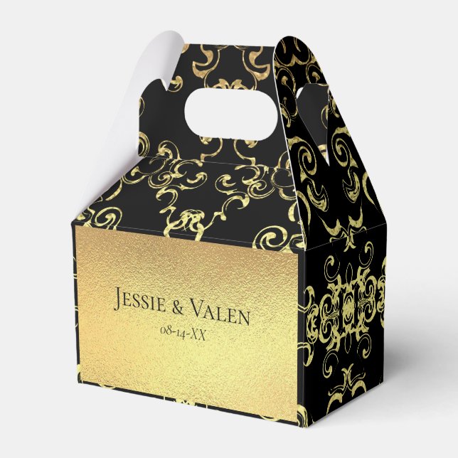 Gold Black Swirl Gothic Wedding Favor Boxes (Front Side)